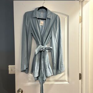 Free People NWT Baby Blue medium  belted romper long sleeve